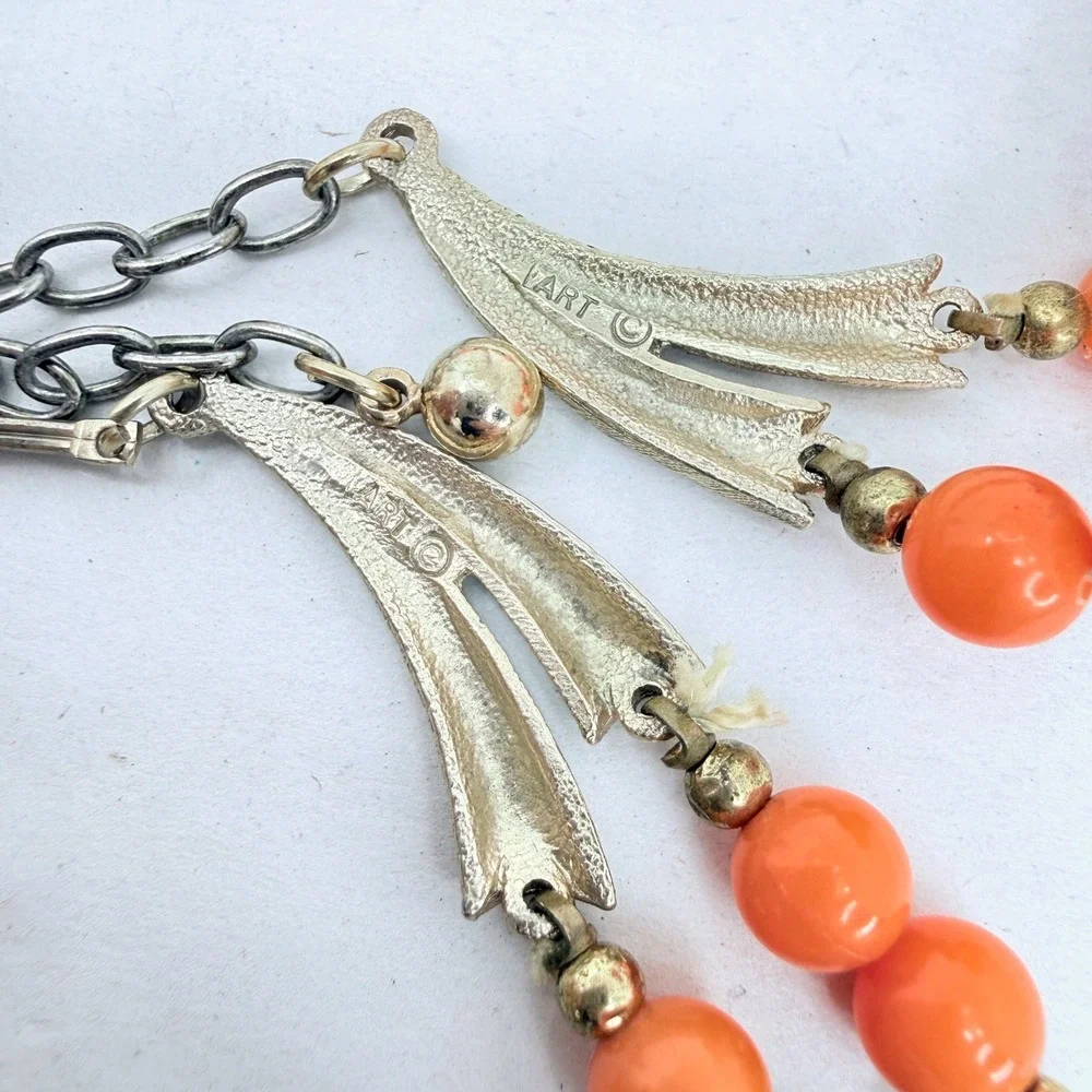 Arthur Pepper Vintage Necklace Double Strand Wood Stone Coral‎ Bead Mid Mod